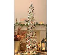 SINTENILL 6 FT Pop Up Christmas Tree With 100 LED Timer Lights, Silver Colored Tinsel, Collapsible Artificial Pencil Pull Up Tree for Holiday Decor, Home, Office, Party