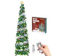 SINTENILL 6 FT Pop Up Christmas Tree with Timer, Colored Lights, Dual Colored Green Silver Tinsel, Pencil Tree Collapsible Xmas Decor for Home, Apartment, Party, Office