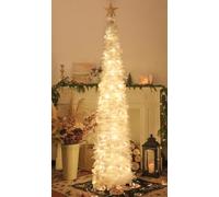 SINTENILL 6 FT Pop Up Collapsible Artificial White Tinsel Christmas Tree with 100 LED Timer Lights - Indoor Home, Office, Party