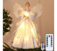 SINTENILL Angel Christmas Tree Topper with Lights, 32 CM Lighted Angel Tree Topper with White Feather Wings and Star Light, Remote Control, Timer & USB Powered for Indoor Holiday Tree Decoration