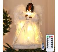 SINTENILL Black Angel Christmas Tree Topper with Lights, 32 CM Lighted Angel Tree Topper with White Feather Wings and Star Light, Remote Control, Timer & USB Powered for Holiday Party Decor
