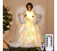SINTENILL Black Angel Christmas Tree Topper with Lights, 32 CM Lighted Angel Tree Topper with White Feather Wings and Star Light, Remote Control, Timer & USB Powered for Holiday Party Decor