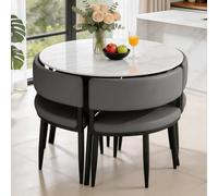 Sintered Stone Round Dining Table Set with 4 Upholstered Chairs - Modern White Marble Top for Smals Apartments Living Rooms Recept Areas - Slish & Fur