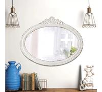 Sintosin Antique Arendahl Glam Ornate Oval Mirror for Walls 60 x 47 cm, Hanging Distressed White Bathroom Mirror, Vintage Wooden Framed Mirror with Carved Flower for Entryway