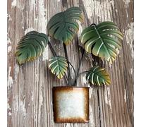 Sintosin Vintage Small Metal Monstera Leaf Wall Decor 10 X 12 Inches, Hanging Tropical Palm Leaves Metal Wall Art for Outdoor, 3D Green Fake Potted Plant Home Decor for Living Room Office