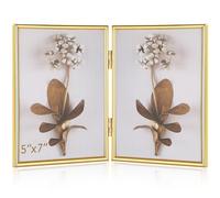 Sintuff 5 x 7 Inch Christmas Hinged Double Gold Floating Frame Folding Metal Picture Frame Thin Edge Photo Frames with Velvet Backing Home Office Desktop Decor Classy Gift for Wedding Christmas