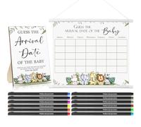 Sintuff Guess Baby Due Date Calendar Include 1 Pcs Guess The Arrival Date of The Baby Wooden Sign 1 Pcs Baby Prediction Calendar 12 Pcs Fineliner Colored Pens Baby Shower Game Party Favor (Woodland)
