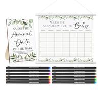 Sintuff Guess The Due Date for Baby Calendar Include 1 Pcs Guess The Arrival Date of The Baby Wooden Sign 1 Pcs Baby Predictions Sign Baby Calendar with 12 Pcs Colored Pens for Baby Shower (Greenery)