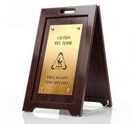 Sintuff Premium Wooden Caution Wet Floor Sign, Double-sided Bilingual Non-skid Solid Hardwood & Brass Plate Safety Sign for Hotels Restaurants Offices & Lobbies (Walnut Wood/Brass)