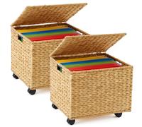 Sintuff Rolling File Cabinet with Lid 17.5 x 14.5 x 13 Inch Natural Seagrass Rolling Filing Cabinet with Wheels Decorative Hanging File Organizer Basket Box for Home Office Storage