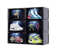 SINUOLIN Shoe Box Shoe Storage Organizer 2024 NEW 6 Pack LED Clear Plastic Stackable Side Drop Front Display Foldable Sneaker Containers Bins Fit up to Size 12 (Black)
