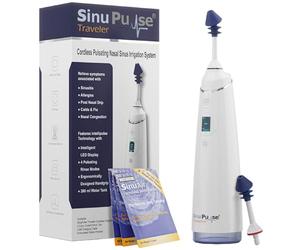 SinuPulse Traveler with 30 Sinuair Packets - Cordless Pulsating Nasal Irrigation Sinus Rinse System, Space Saving Cleaner & Relief Machine for Travel, More Effective than Neti Pot or Nose Spray Bottle