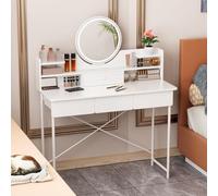 Sinuyie LED Makeup Vanity Desk with Mirror, Dressing Table with 3-Color Lighting, 4 Drawers and Open Shelves, Slim Bedroom Dresser for Small Spaces, 100x40x126cm White
