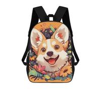 sinyumoney 17 Inch Backpacks Happy Corgi with Floral Background Kids 3D Printed School Bag for Boys Elementary And Middle School Students