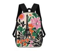 sinyumoney 17 Inch Backpacks Kids School Backpack Bonjour Paris Eiffel Tower Floral Art School Bag 3D Printed School Bag for Boys Elementary And Middle School Students