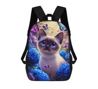 sinyumoney 17 Inch Backpacks Siamese Cat with Butterflies And Flowers Kids 3D Printed School Bag for Boys Elementary And Middle School Students