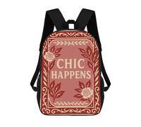 sinyumoney 17 Inch Chic Happens Floral Framed Text Art Casual Daypack Backpacks for Girls Boys High College Knapsack Travel Laptop Rucksack College Bookbag