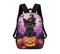 sinyumoney 17 Inch Children's Backpack 3D Halloween Black Cat with Pumpkins-7 Printed Bags Lightweight School Bags Fashion Fun Knapsack Student Daypack for Children