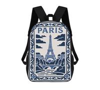 sinyumoney 17 Inch Children's Backpack Paris Eiffel Tower Blue Illustration School Rucksack 3D Kids School Backpack School Bags Fashion Backpack with Pocket Book Bags
