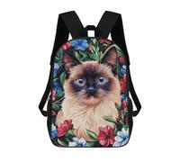sinyumoney 17 Inch Children's Backpack Siamese Cat Surrounded by Flowers School Rucksack 3D Kids School Backpack School Bags Fashion Backpack with Pocket Book Bags