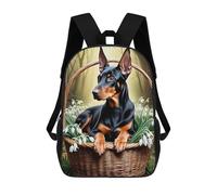sinyumoney 17 Inch Children's Backpacks Doberman in Basket with Flowers School Bag 3D Printed Children's School Backpack Fashion Travel Backpacks for Kids School Students