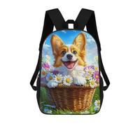 sinyumoney 17 Inch Children's Backpacks Happy Corgi in Flower Basket School Bag 3D Printed Children's School Backpack Fashion Travel Backpacks for Kids School Students