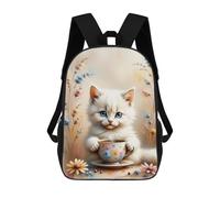 sinyumoney 17 Inch Cute Cat with Flower Cup Backpacks Kids School Backpack School Bag 3D Printed School Bag for Boys Elementary And Middle School Students