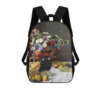 sinyumoney 17 Inch Pug Flowers Still Life Claude Monet Backpacks Kids School Backpack School Bag 3D Printed for Boys Elementary And Middle School Students
