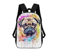 sinyumoney 17 Inch Watercolor Pug Puppy Backpack Kids School Backpack 3D Printed Fashion School Bag for Boys Elementary And Middle School Student