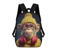 sinyumoney 17inch Monkey with Headphones And Knit Hat Kids School Backpack 3D Printed Fashion School Bag Casual School Bag for Boys Elementary And Middle School Students