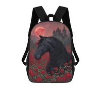 sinyumoney 17inch School Backpack for Girls Black Horse with Red Roses Backpack 3D Printed Boy School Backpack Casual Daypack Rucksack for Middle School Students