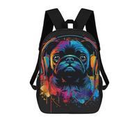 sinyumoney 17inch School Backpack for Girls Colorful Pug with Headphones Backpack 3D Printed Boy School Backpack Casual Daypack Rucksack for Middle School Students