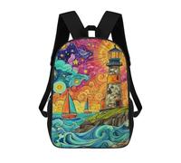 sinyumoney 17inch School Backpack for Girls Lighthouse Ocean Waves Painting Backpack 3D Printed Boy School Backpack Casual Daypack Rucksack for Middle School Students