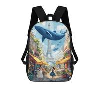 sinyumoney 17inch School Backpack for Girls Whale in Paris Street Scene Backpack 3D Printed Boy School Backpack Casual Daypack Rucksack for Middle School Students