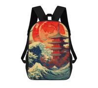 sinyumoney 3D Backpacks Kids School Backpack Japanese Wave Red Moon School Bag 3D Printing Daypacks for Boys Elementary And Middle School Students 17inch
