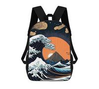 sinyumoney 3D Backpacks Kids School Backpack Sea Wave Japanese Art 1 School Bag 3D Printing Daypacks for Boys Elementary And Middle School Students 17inch