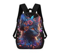 sinyumoney 3D Floral Cat with Headphones Kid's Backpack Waterproof School Bag Bookbag Cute Rucksacks Fashion Casual Schoolbag for Kids for Girl Boy School 17inch