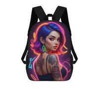 sinyumoney 3D Neon Girl with Tattoo 17 Inch School Backpack Student Casual Backpack For Kid's Children's Daypack Bookbag Hiking Sports Outdoor Work Travel Laptop Bag