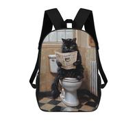 sinyumoney 3D Printed 17inch Children's Backpacks Black Cat Reading Newspaper on Toilet Book Bags Boy Girl Kids School Bag School Backpack With Big Pockets for Kids School
