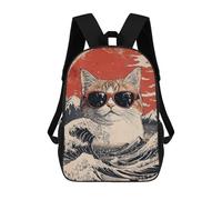 sinyumoney 3D Printed 17inch Children's Backpacks Cool Cat At The Great Wave Book Bags Boy Girl Kids School Bag School Backpack With Big Pockets for Kids School