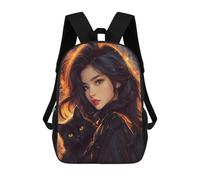 sinyumoney 3D Printed 17inch Children's Backpacks Flame-Wrapped Enchantress with Black Cat Book Bags Boy Girl Kids School Bag School Backpack With Big Pockets for Kids School