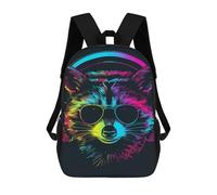 sinyumoney 3D Printed 17inch Children's Backpacks Neon Raccoon Headphones Art Print Book Bags Boy Girl Kids School Bag School Backpack With Big Pockets for Kids School