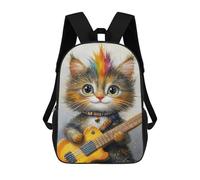 sinyumoney 3D Printed 17inch Children's Backpacks Rock Star Kitten with Guitar -2 Book Bags Boy Girl Kids School Bag School Backpack With Big Pockets for Kids School