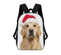 sinyumoney 3D Printed 17inch Outdoor Casual Daypack Cute Travel Kids School Backpack Christmas Golden Retriever with Santa Hat Fashion Casual Children Bags for Boys Elementary School