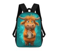 sinyumoney 3D Printed 17inch Outdoor Casual Daypack Cute Travel Kids School Backpack Cute Highland Cow with Coffee Mug Fashion Casual Children Bags for Boys Elementary School