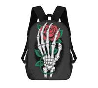 sinyumoney 3D Printed 17inch Outdoor Casual Daypack Cute Travel Kids School Backpack Skeleton Hand Holding Red Rose Fashion Casual Children Bags for Boys Elementary School