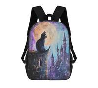 sinyumoney 3D Printed 17inch School Backpack Children's Backpack Black Cat Castle Moon Night Book Bags High Capacity Travel School Bags for Kids/Students/Adults