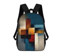 sinyumoney 3D Printed Abstract Rectangular Structure - Teal, Ochre & Red Geometry School Backpack With Big Pockets for Kids, Children's Backpacks Book Bags Kids School Bag 17inch