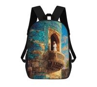 sinyumoney 3D Printed Arabic Architecture Balcony Scene School Bag Boys Girls Children's 17inch Backpack School Backpack Casual Fashion Backpack for in School Or Travel