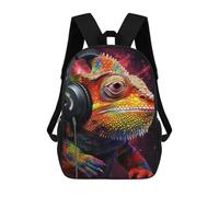 sinyumoney 3D Printed Backpack Colorful Lizard with Headphones Children's School Bags Rucksacks High Capacity Travel Kids School Bag Fashion Book Bags Boy Girl Back Pack 17inch